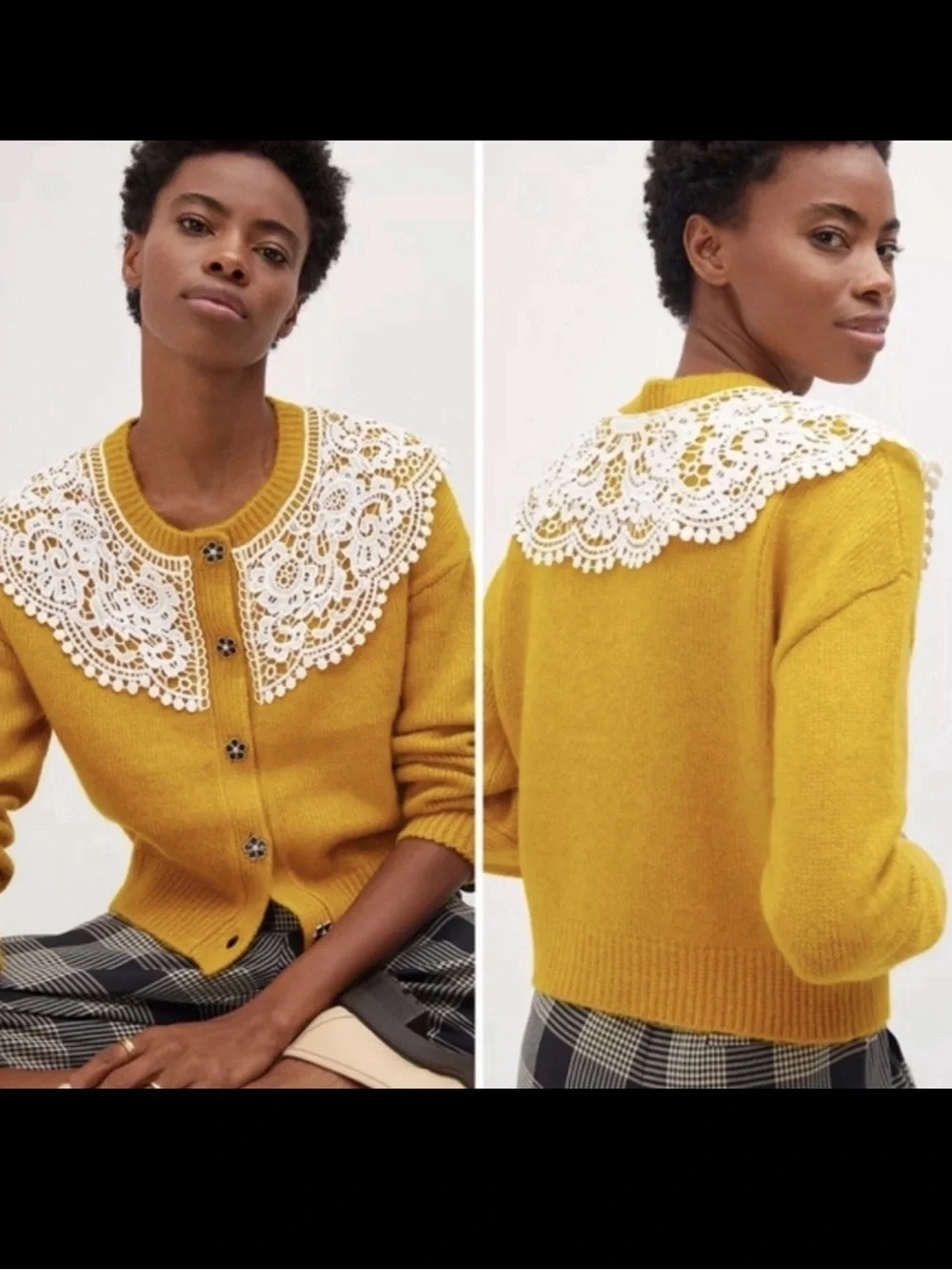 RARE Anthropologie Maeve Mustard Yellow Lace Collar Cardigan Sweater Size M